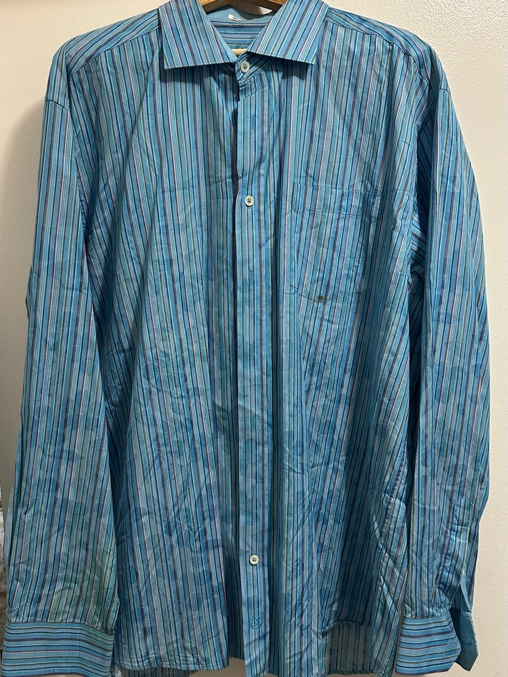 Bugatchi Blue Multi-Stripe Dress Shirt with Embroidered Crest
